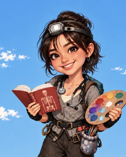 A smiling illustrated woman with a headlamp carries books, a stethoscope, and paint supplies against a blue sky.