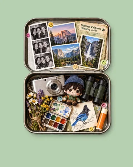 An open collector’s tin holds photographs, a camera, binoculars, flowers, paints, a pencil, and a small knitted figure against a pale green background.