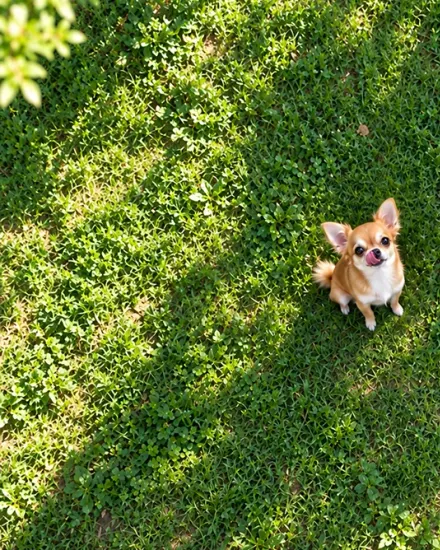 A small tan and white dog looks up from the center of a green lawn, photographed from directly overhead.