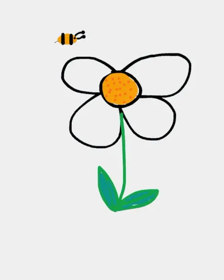 Simple sketch of a flower with an orange center, green stem and leaves, and a bee.