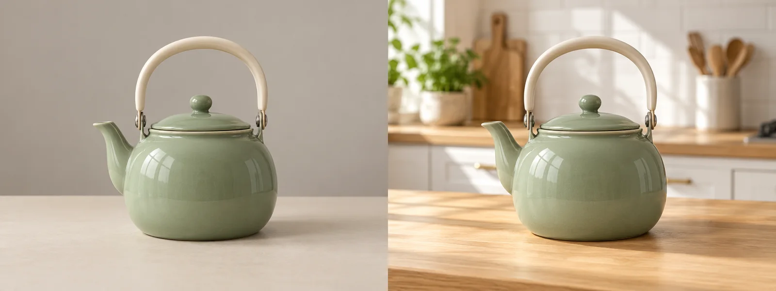 Illustrative version of the same kettle with a bright modern kitchen background